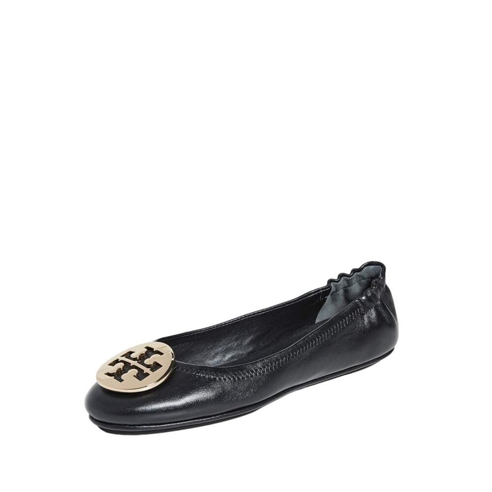 Tory Burch Leather Minnie Ballet Travel Flats in Perfect Black/Gold Size 7.5